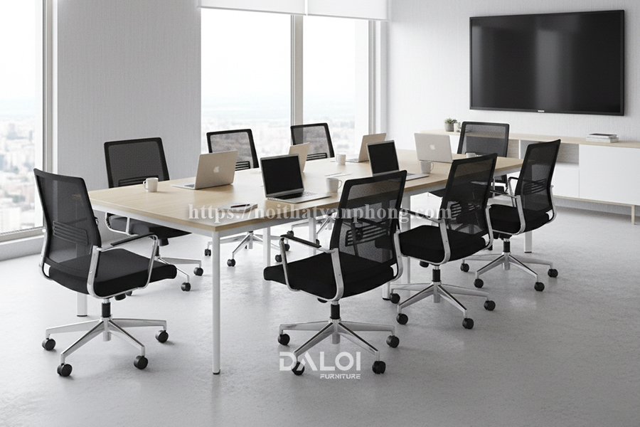 Không gian phòng họp với bàn họp chân sắt FMTS2412-VO