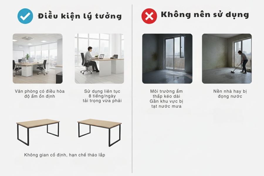 Bàn chân sắt mặt gỗ MDF chống ẩm phù hợp trong điều kiện nào?