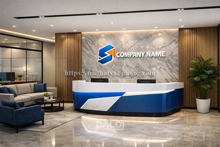 khu vực sảnh chờ, quầy lễ tân trong thiết kế nội thất văn phòng 400m2