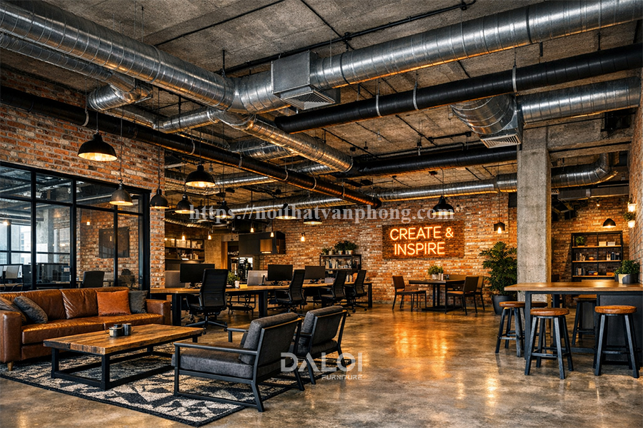 Thiết kế nội thất văn phòng 400m2 phong cách công nghiệp – Cá tính và phóng khoáng