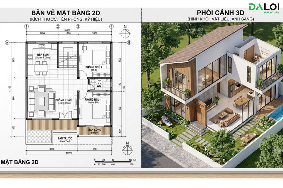 điểm khác nhau thiết kế nội thất 2d và 3d