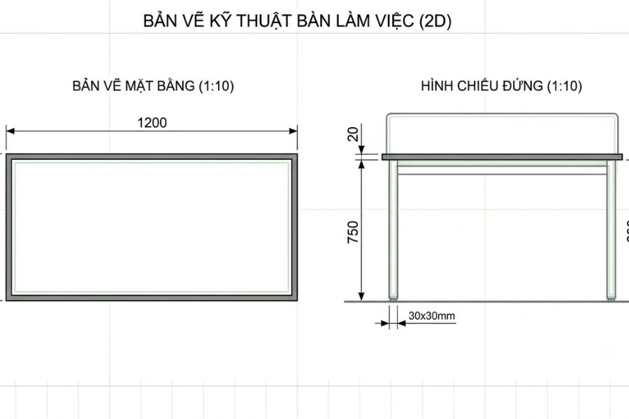 kích thước bàn làm việc trên bản vẽ nội thất