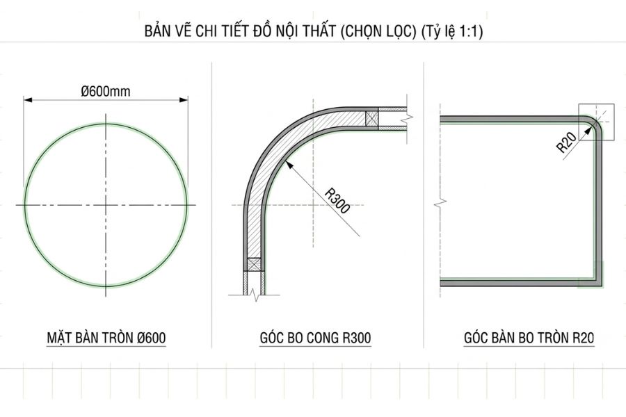 ký hiệu đường kính bán kính bản vẽ nội thất