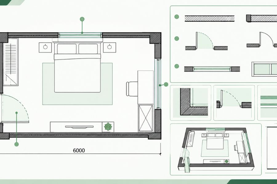 ký hiệu tường và cửa sổ trên bản vẽ nội thất