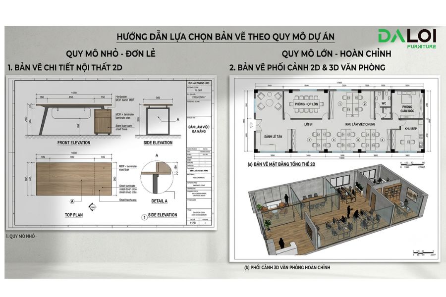 so sánh bản vẽ nội thất 2d và 3d